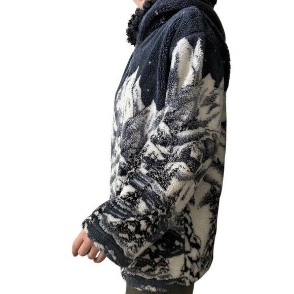 Vintage Black Mountain Winter Cabin Christmad Scene Ski Deep Pile Fleece Jacket - Picture 6 of 7